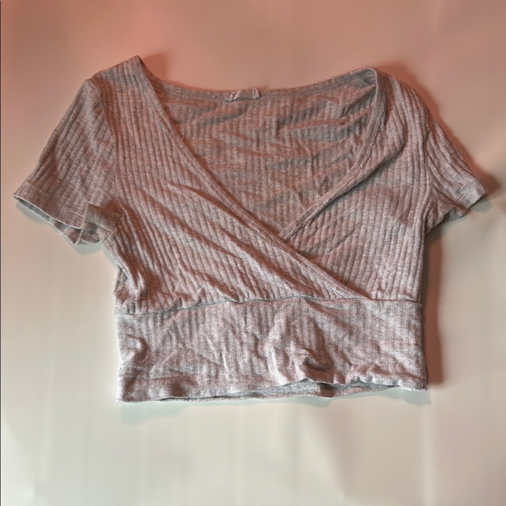 Ardene Gray Ribbed Wrap Crop Tee